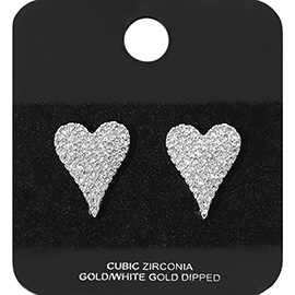 White Gold Dipped CZ Stone Paved Heart Stud Earrings