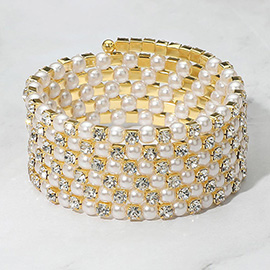 Wide Pearl Rhinestone Lined Adjustable Coil Evening Bracelet