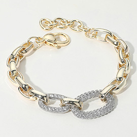 14K Gold Plated CZ Stone Paved Double Oval Link Accent Link Chain Bracelet