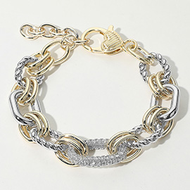 14K Gold Plated Two Tone CZ Stone Paved Oval Link Accent Mixed Chain Bracelet
