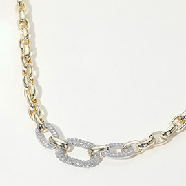14K Gold Plated CZ Stone Paved Double Oval Link Accent Link Chain Necklace