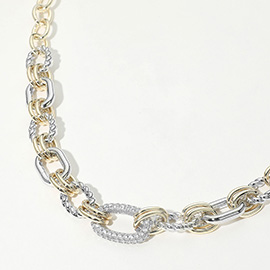 14K Gold Plated Two Tone CZ Stone Paved Oval Accent Link Chain Necklace
