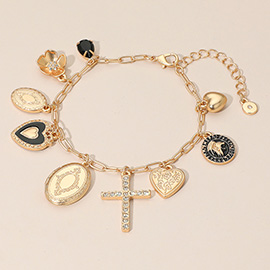 Stone Paved Cross Oval Locket Heart Coin Medallion Charm Station Paperclip Chain Bracelet