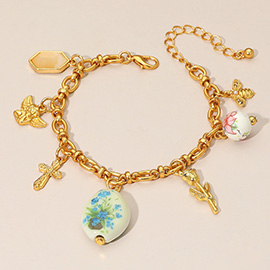 Vintage Floral Ceramic Charm Metal Angel Flower Stem Honey Bee Charm Station Bracelet