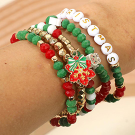 5PCS - Holiday Snowflake Bow Santa Reindeer Christmas Message Beaded Stretch Multi Layered Bracelets