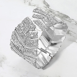 Wide Rhinestone Embellished Leaf Pattern Hinged Cuff Bracelet
