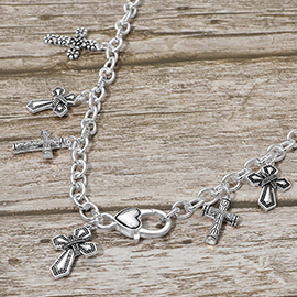 Antique Metal Multi Cross Charm Station Necklace