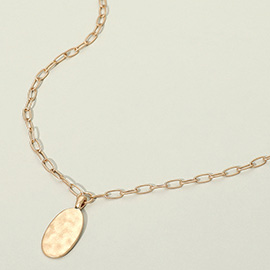 Hammered Metal Oval Pendant Paperlink Chain Necklace