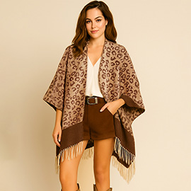 Leopard Print Open Front Fringe Hem Kimono Poncho