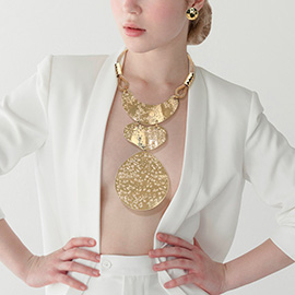 Oversized Geometric Textured Metal Plated Link Drop Statement Necklace