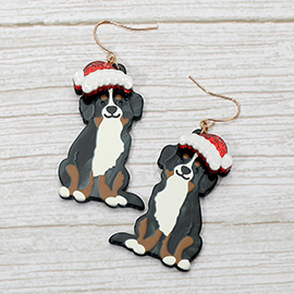 Holiday Santa Hat Mountain Dog Dangle Earrings