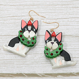 Holiday Wreath French Bulldog Dangle Earrings