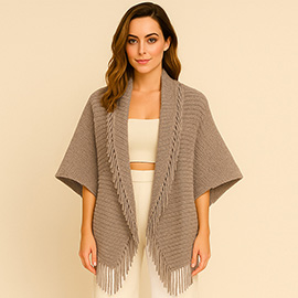 Solid Knit Fringe Trim Cocoon Shawl