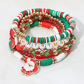 6PCS - Christmas Message Santa Mitten Charm Heishi Faceted Beaded Stretch Multi Layered Bracelets