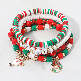 5PCS - MERRY Message Santa Mitten Wreath Charm Heishi Faceted Beaded Stretch Multi Layered Bracelets