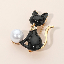 Pearl Accent Cat Pin Brooch