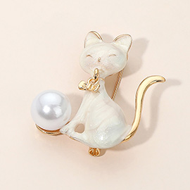 Pearl Accent Cat Pin Brooch