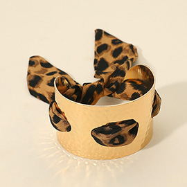 Wide Hammered Metal Cuff Leopard Print Fabric Bracelet