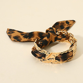 Hammered Metal Cuff Leopard Print Fabric Bracelet