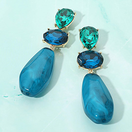 Bold Faceted Stone Cluster Marbled Teardrop Resin Stone Link Drop Earrings