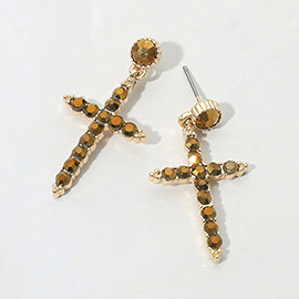 Stone Paved Cross Dangle Earrings