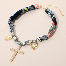 Cross Heart Religious Charm Fabric Scarf Necklace