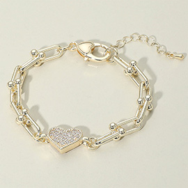 14K Gold Plated CZ Stone Paved Heart Accent Industrial Link Chain Bracelet
