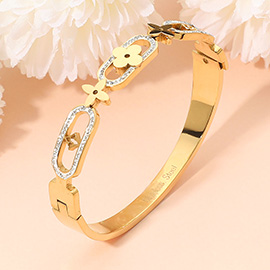 Stainless Steel Geometric Clover Motif Stone Paved Link Hinged Bangle Bracelet