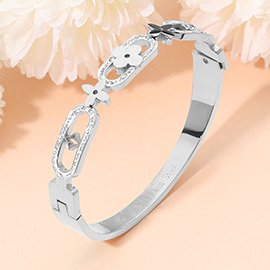 Stainless Steel Geometric Clover Motif Stone Paved Link Hinged Bangle Bracelet