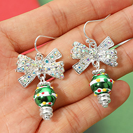 Stone Paved Holiday Bow Pendant Christmas Ornament Drop Dangle Earrings