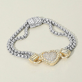 14K Gold Plated Two Tone CZ Stone Paved Heart Charm Accent Double Chain Magnetic Bracelet