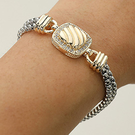 14K Gold Plated Two Tone CZ Stone Rim Textured Square Charm Accent Double Chain Magnetic Bracelet