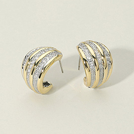 14K Gold Plated CZ Stone Paved Striped Dome Mini Hoop Earrings