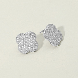 14K Gold Plated CZ Stone Paved Quatrefoil Stud Earrings