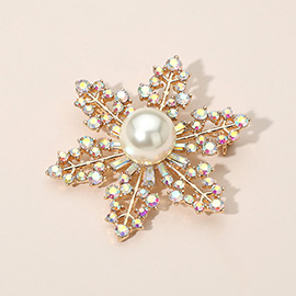 Elegant Crystal Rhinestone Pearl Snowflake Brooch