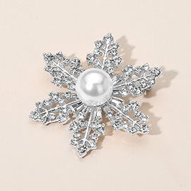 Elegant Crystal Rhinestone Pearl Snowflake Brooch