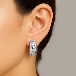 White Gold Dipped Quilt Pattern Huggie Hoop Earrings