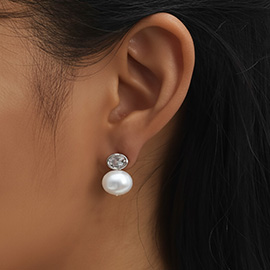 White Gold Dipped CZ Sparkle Pearl Drop Earrings