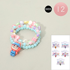 12 SET OF 3 - Kids Monster Bunny Charm Pearl Heart Faceted Beaded Stretch Multi Layered Bracelets