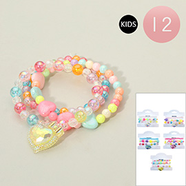 12 SET OF 3 - Kids HEart Charm Faceted Beaded Stretch Multi Layered Bracelets