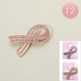 12PCS - Rhinestone Embellished Pink Ribbon Pin Brooches