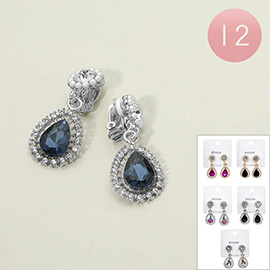 12Pairs - Teardrop Stone Drop Dangle Evening Clip On Earrings