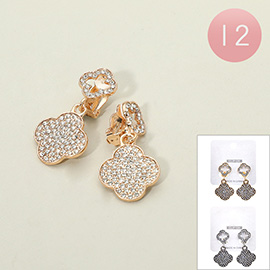 12Pairs - Stone Paved Quatrefoil Dangle Clip On Earrings