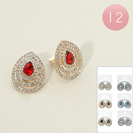 12Pairs - Teardrop Stone Centerer Multi Layered Rhinestone Rim Clip On Earrings
