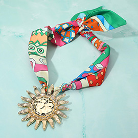 Bold Hammered Metal Sun Pendant Accent Statement Scarf Necklace