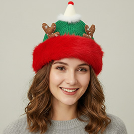 Fuzzy Fur Antlers Accent Christmas Knit Beanie Hat