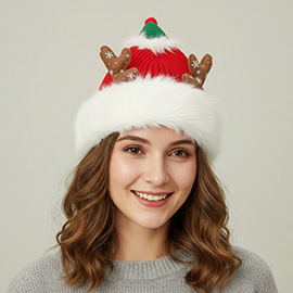 Fuzzy Fur Antlers Accent Christmas Knit Beanie Hat