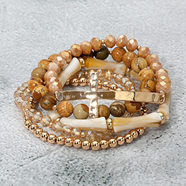 5PCS - Metal Cross Accent Resin Bamboo Bar Faceted Beaded Stretch Multi Layered Bracelets