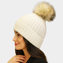 Knitted Fox Fur Pom Pom Winter Beanie Hat