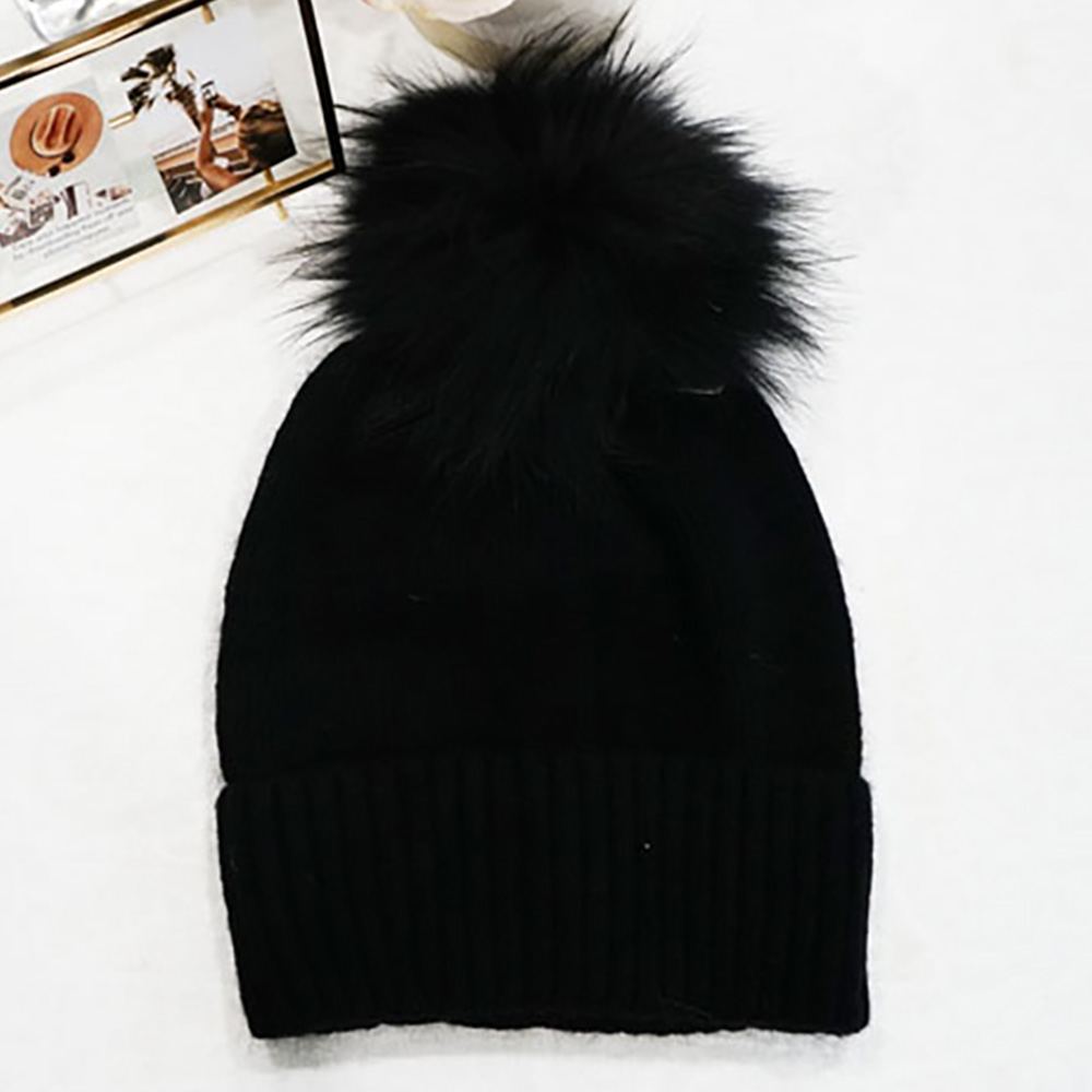 Fox Fur Pom Slouchy Knit Winter Beanie Hat